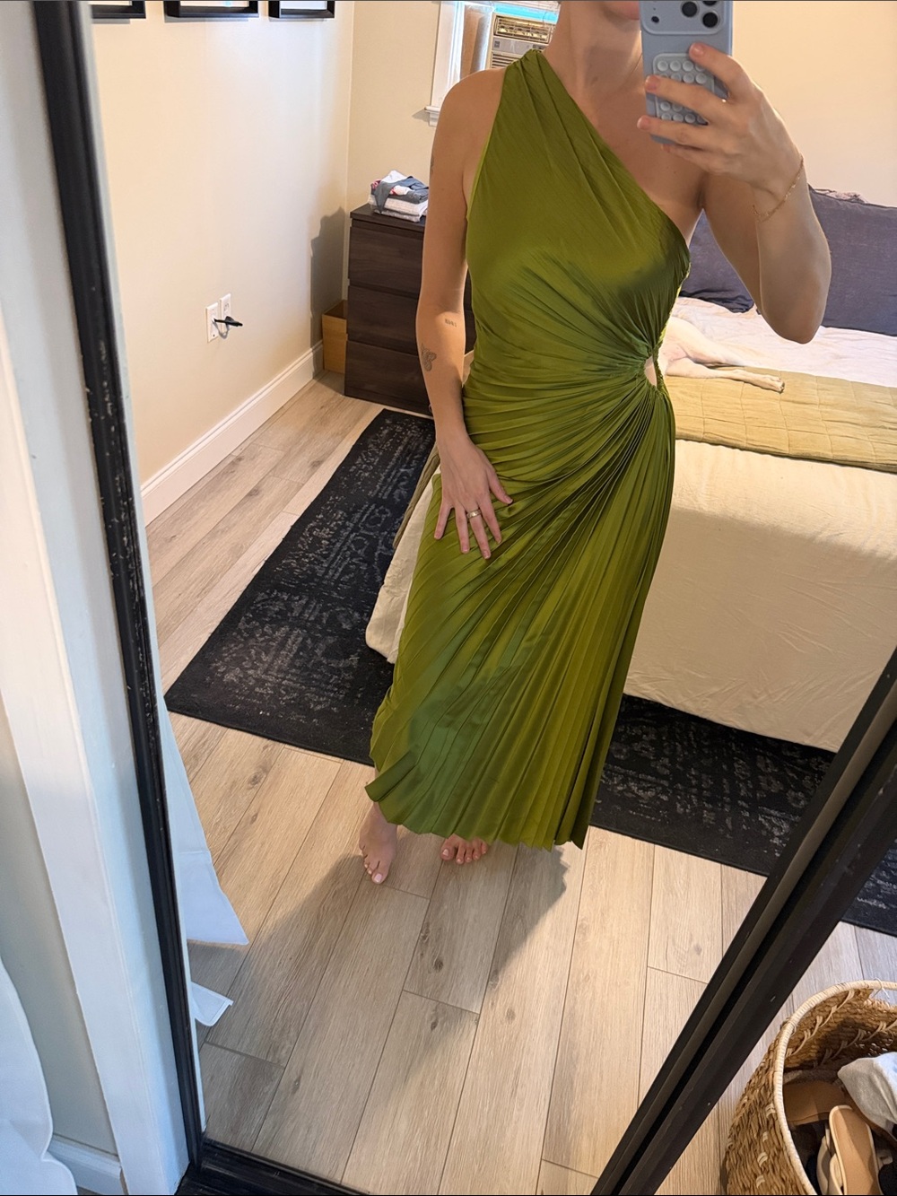 Petal & Pup Olive Green One-Shoulder Pleated Midi Dress